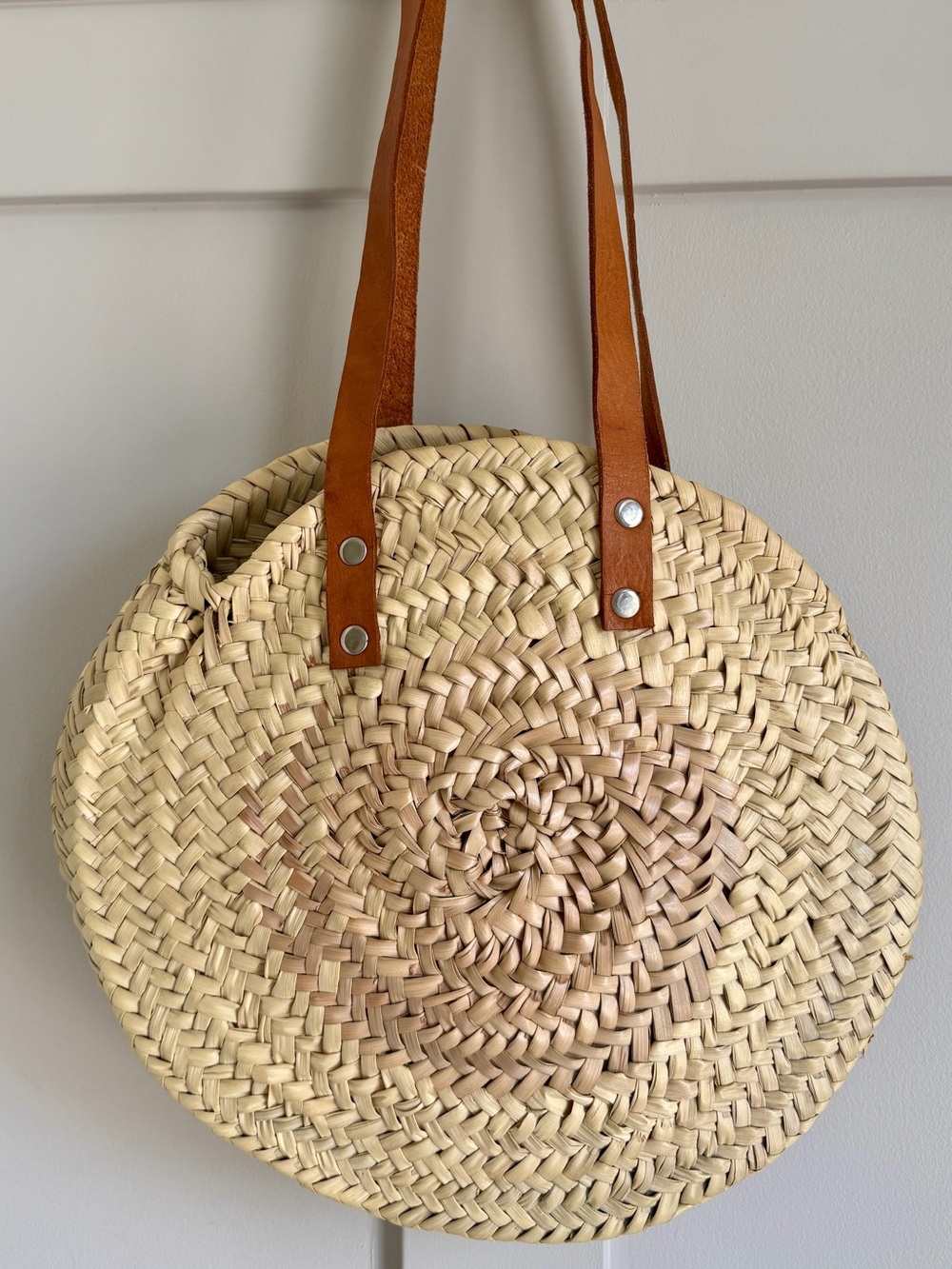 Woven Seagrass Round Shoulder Bag with Leather Straps